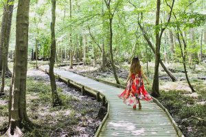 congaree national park woman on wooden path under trees