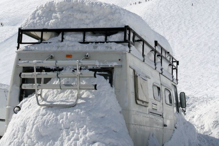 Motorhome covered in snow